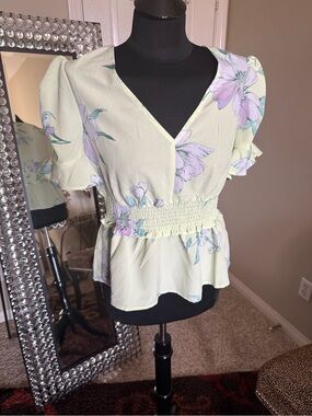 Robert Rose Pastel Floral V-Neck Smocked Waist Top - Light Green & Lavender